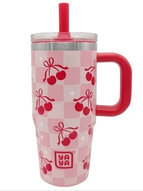 Yaya Cherry Pattern Insulated Straw Tumbler - Pink & Red
